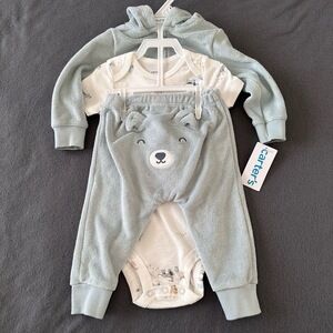 NWT Carters Pastel Green 3Piece Set Hooded Jacket Bear Face Bodysuit Pants Sz 9M